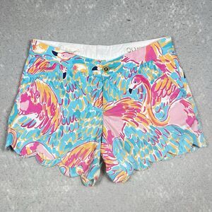 Lilly Pulitzer Buttercup Shorts Women’s 00 Blue Pink Flamingo Scallop Peel Trim